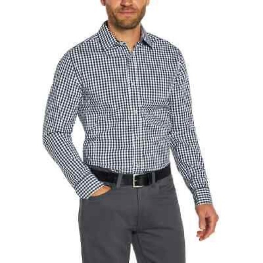Banana Republic Men's Blue, Black and White Checkered Long Sleeves Shirt